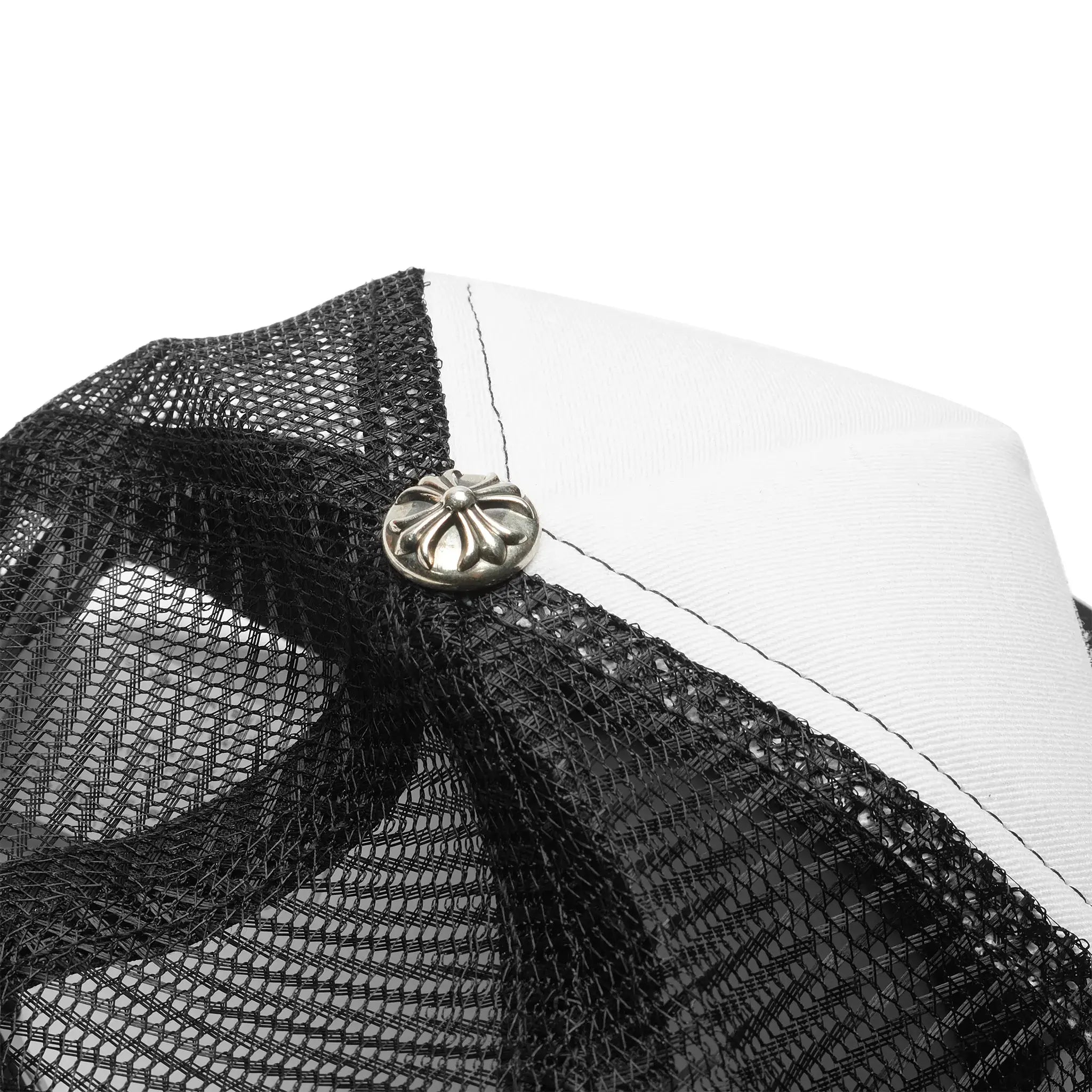 Top view of Chrome Hearts Fuck Hollywood White Black Trucker Cap